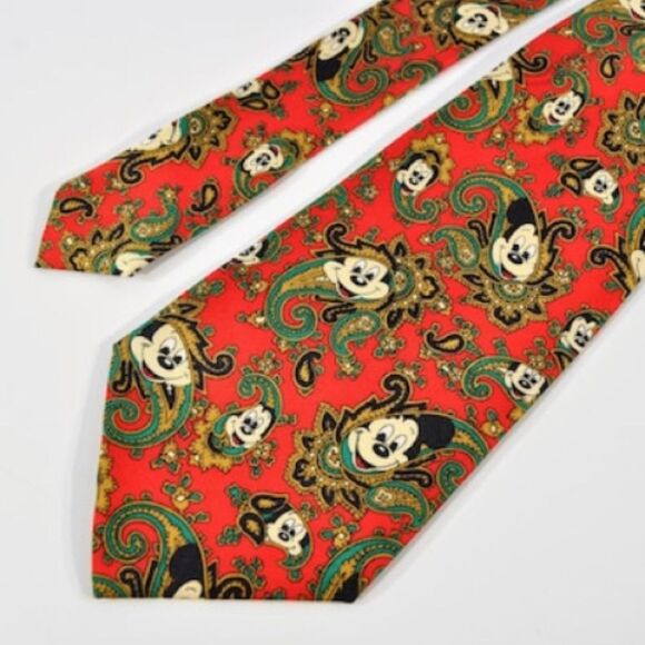 Disney Balancine Inc. Red Gold Mickey Mouse Paisley Print Silk Tie - Picture 3 of 7